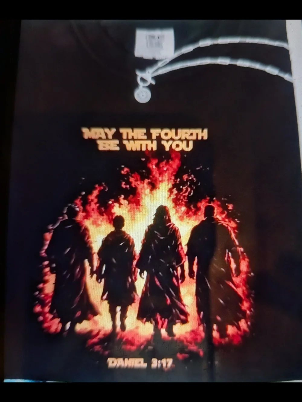 Biblical Black Tshirt with Four In  Fiery Furnace  - May The Fourth Be With You